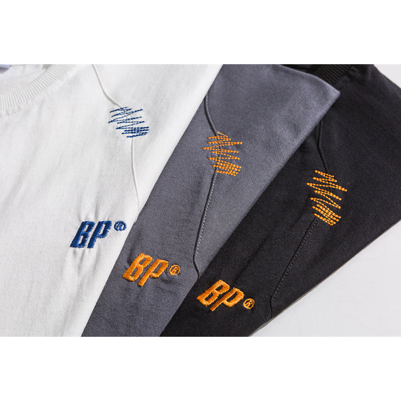刺繡入り 不規則ステッチコットンTシャツ