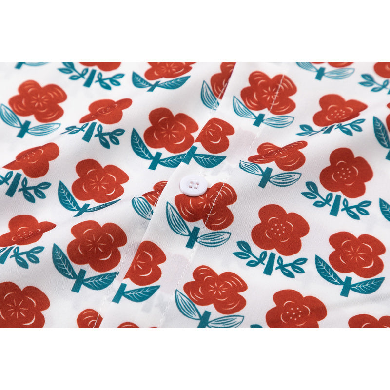 Full-bloom red flower print short-sleeved Hawaiian shirt