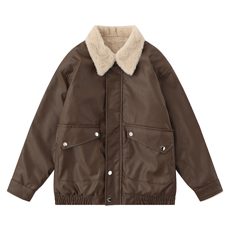 Loose-fitting plain coat with turn-down collar and velvet jacket