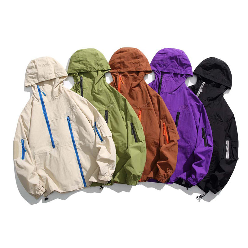 無地ハーフジップ多ポケットフード付きジャケット