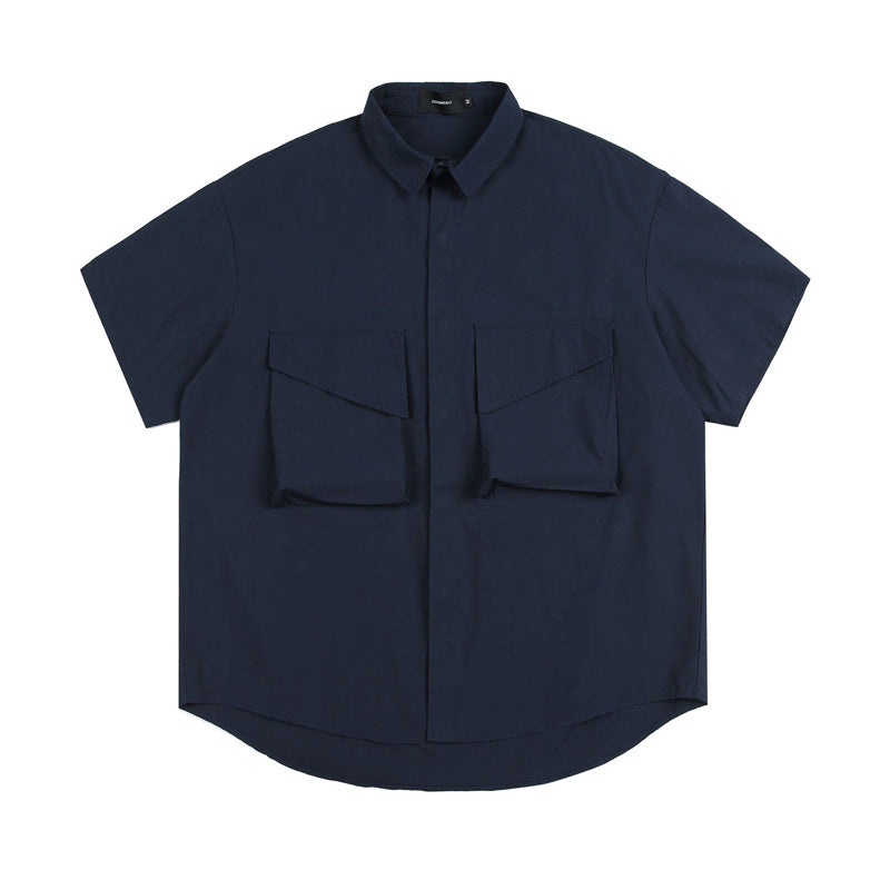 Three-color solid functional pocket work short-sleeved shirt