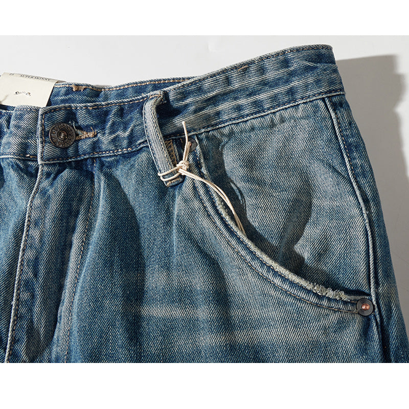 1970s washed denim shorts with leather buckle