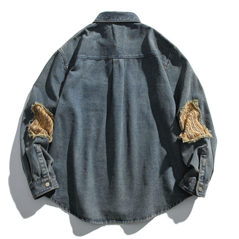 Ethnic jacquard elbow patch denim work shirt