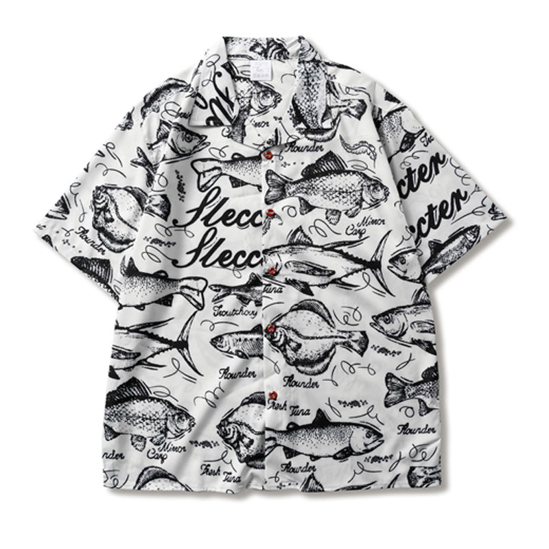Retro "fish" all-over print aloha shirt