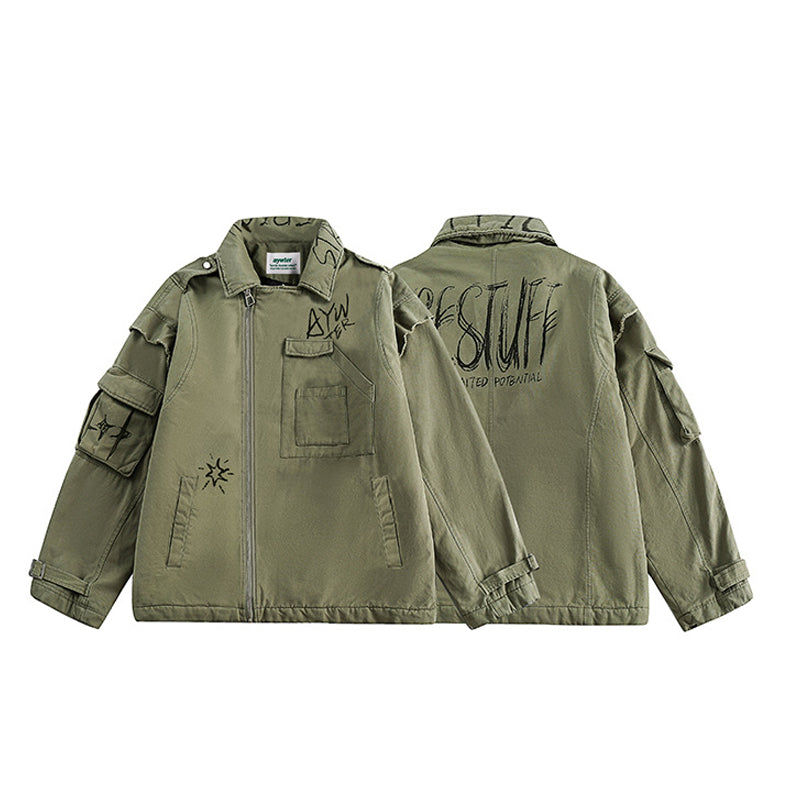 Washed padded shirt collar alphabet cargo down jacket