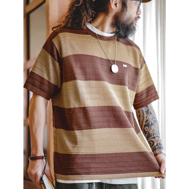 "3D-STRIPE" Border Pattern Linen-Like Knit Tee