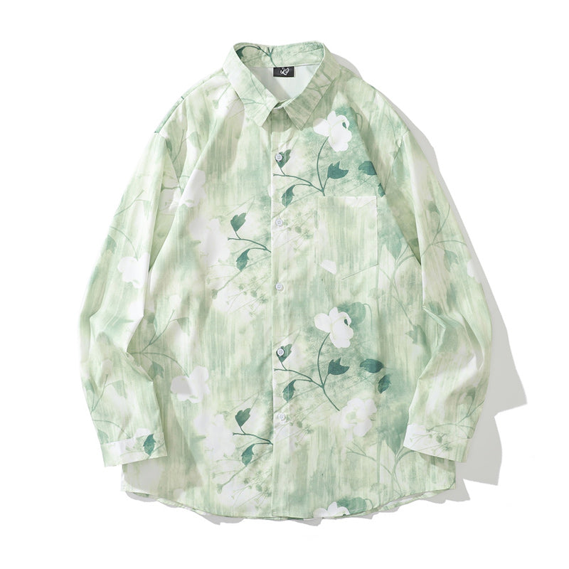 "White Rose" all-over print long-sleeved fresh shirt