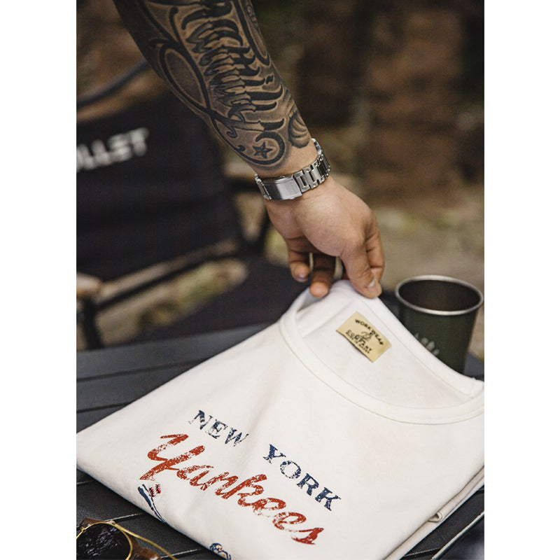YANKEES! Batting Print & Baseball Embroidery Cotton Tee