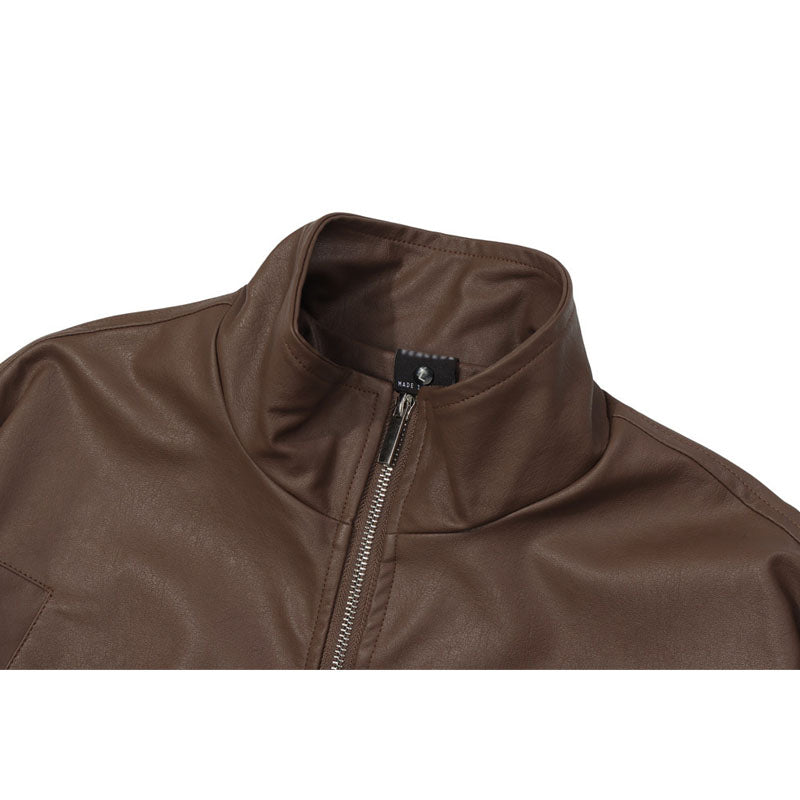 Casual stand collar PU leather jacket