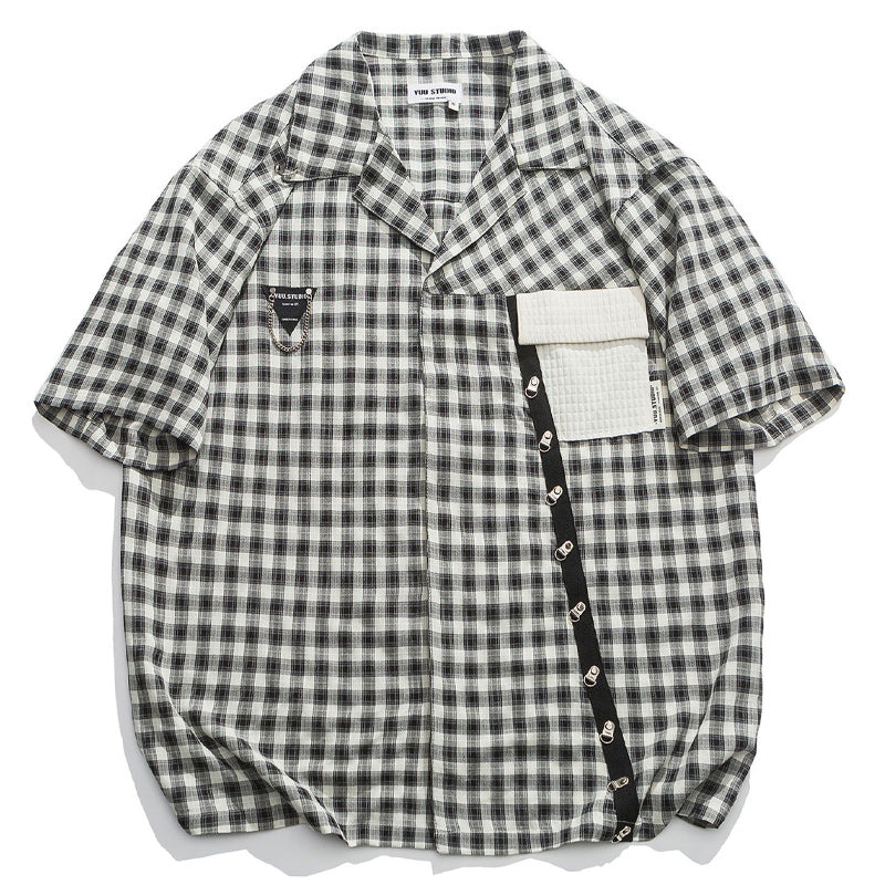 Cuban neck plaid work shirt with pocket