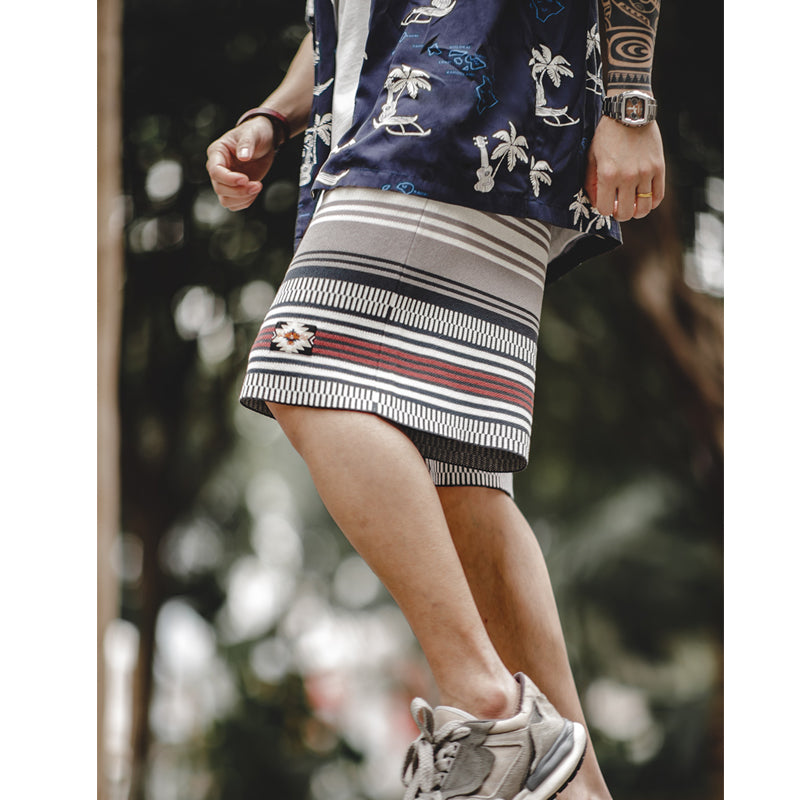 Ethnic striped intarsia beach shorts with Navajo tag