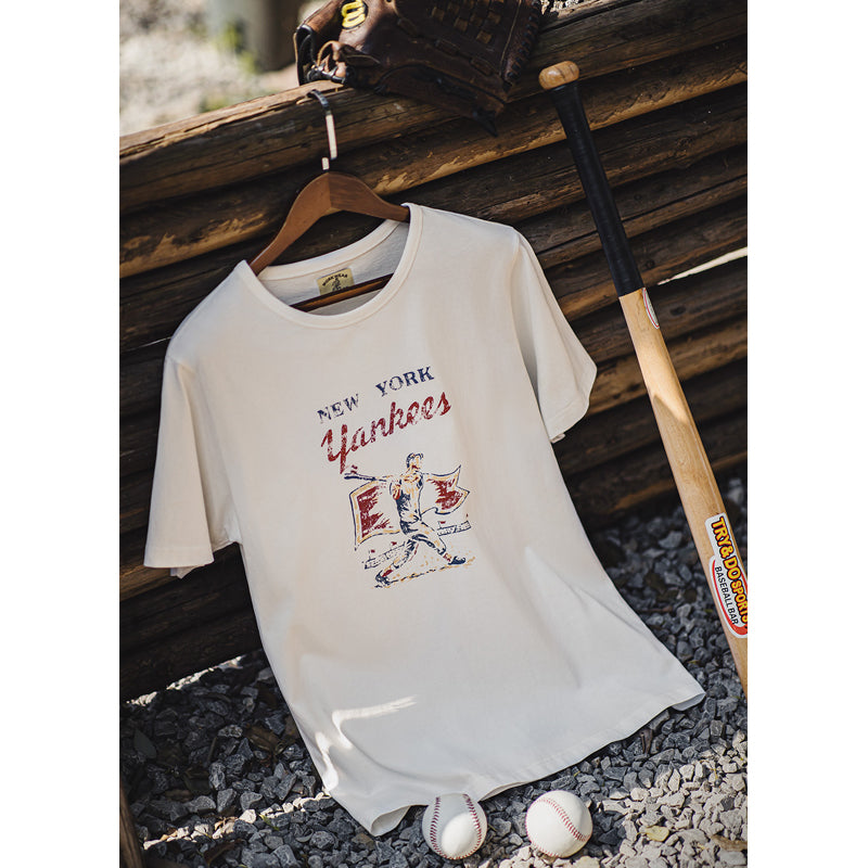 YANKEES! Batting Print & Baseball Embroidery Cotton Tee