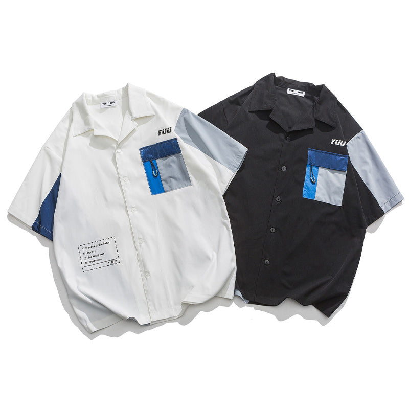 Fashion Cuban neck color combination short sleeve shirt