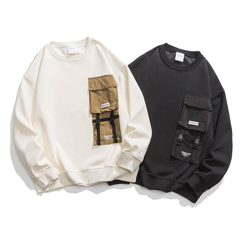 切替 ポケット飾り ラウンドネック 長袖インナー Tシャツ
