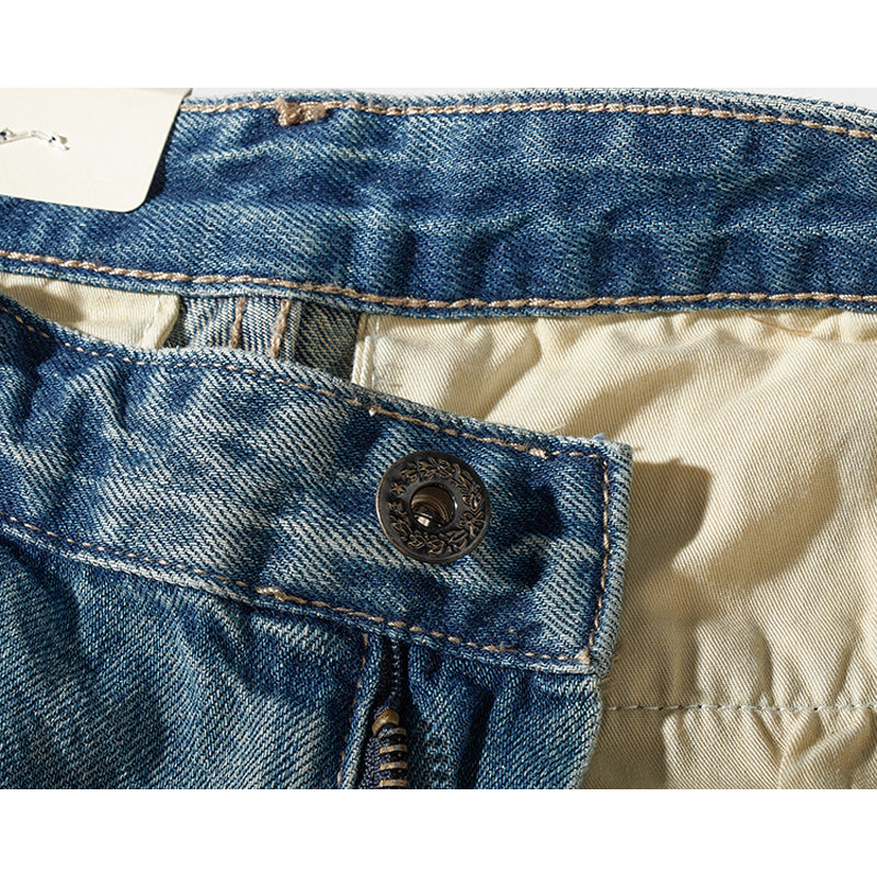 1970s washed denim shorts with leather buckle