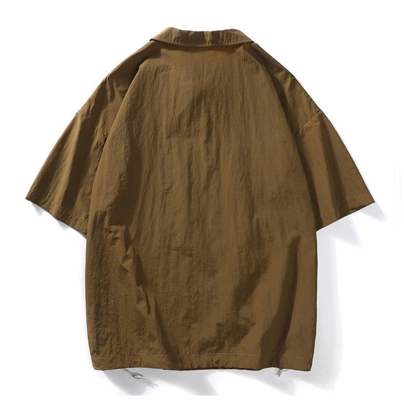 Functional pocket, fold-over neck, button-down casual short-sleeved shirt