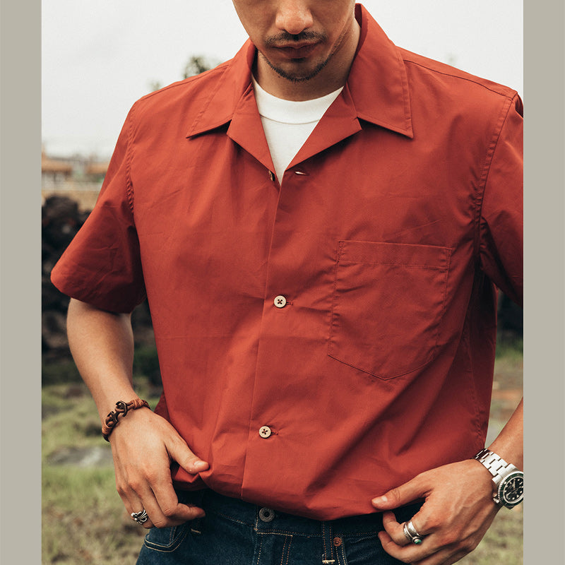 Solid Cuban collar print short sleeve shirt