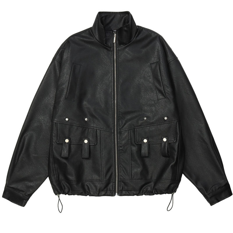 Casual stand collar PU leather jacket