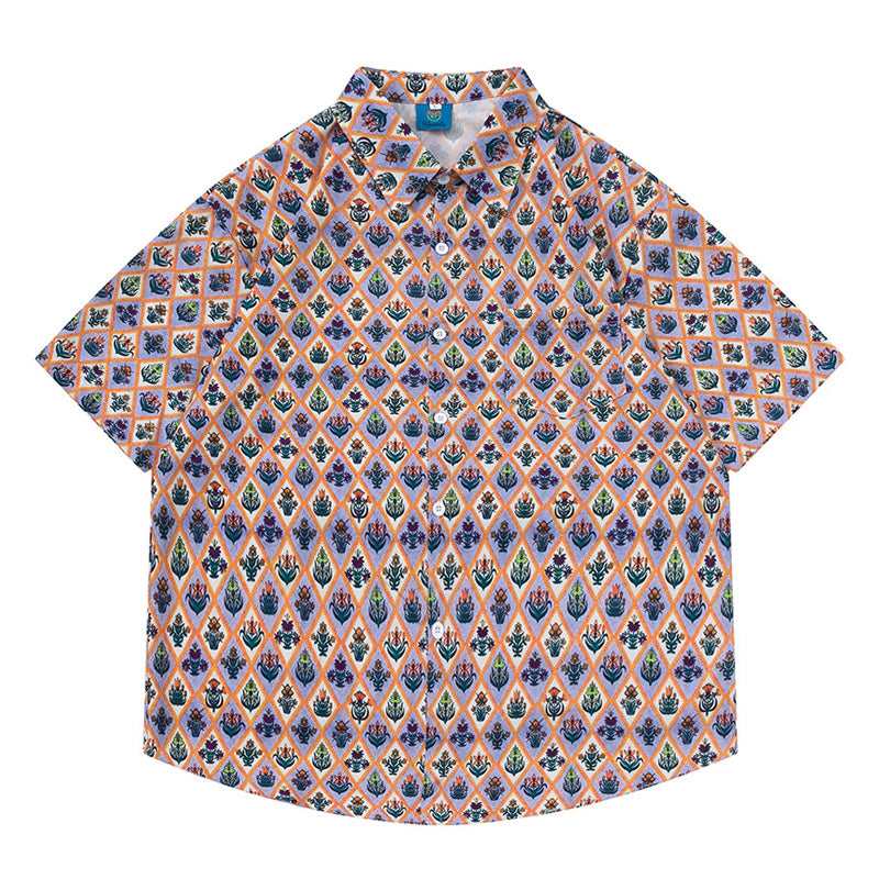 Retro Floral Diamond Short Sleeve Aloha Shirt