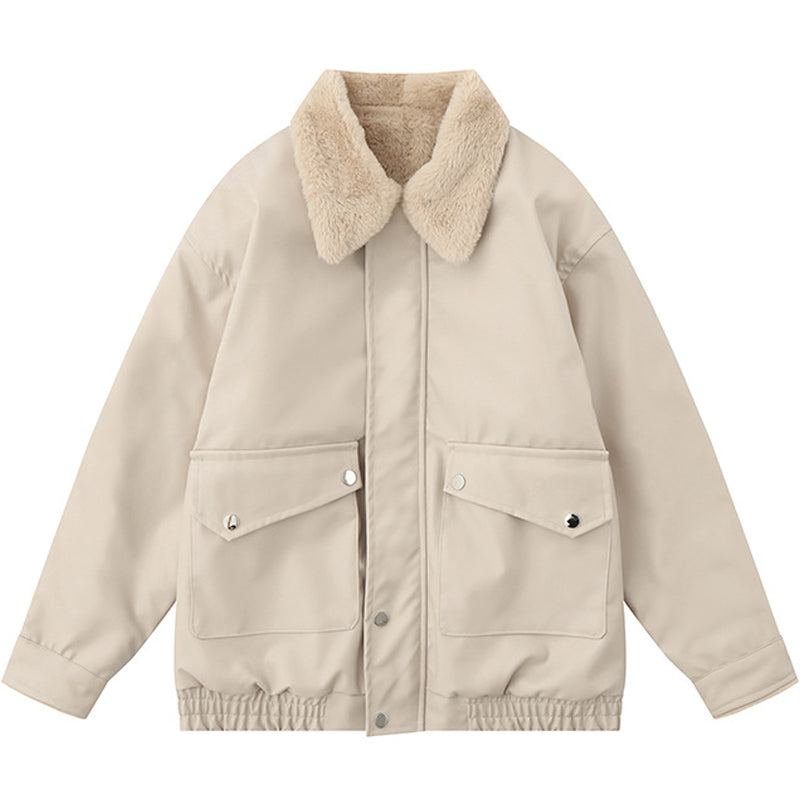 Loose-fitting plain coat with turn-down collar and velvet jacket