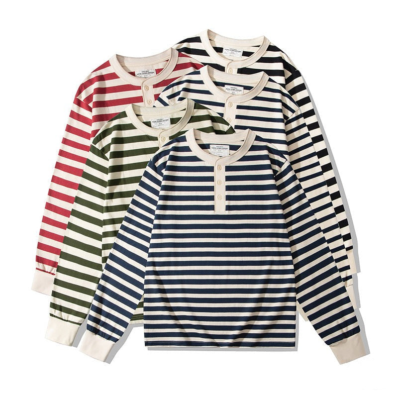 Striped Henley neck long sleeve tee