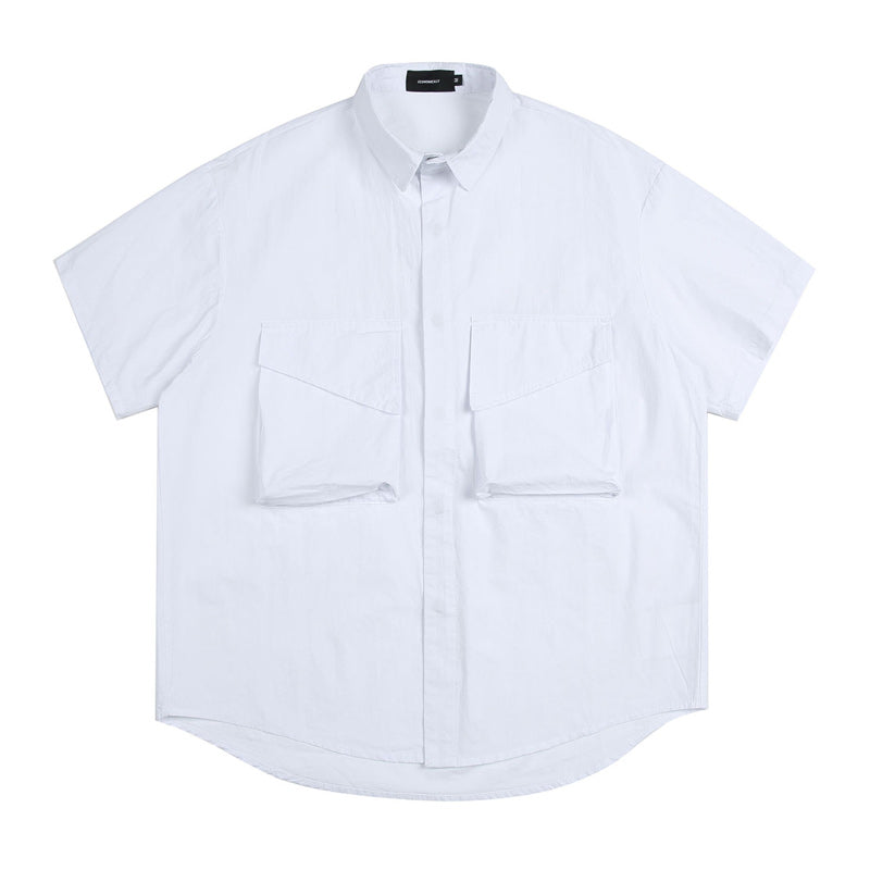 Three-color solid functional pocket work short-sleeved shirt
