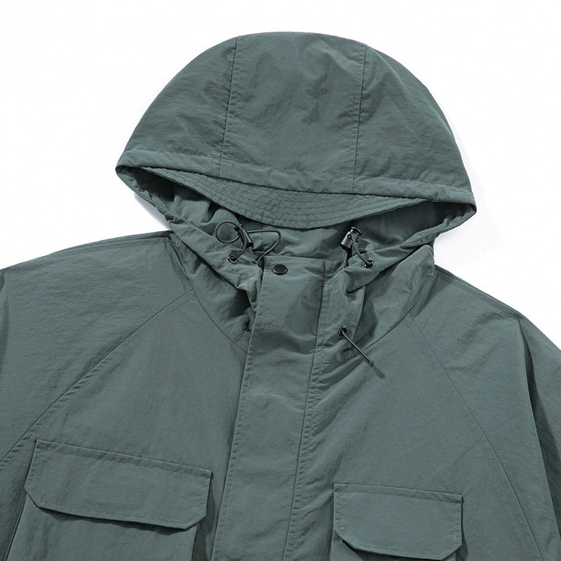 Solid color 3D multi-pocket hoodie cargo coat jacket