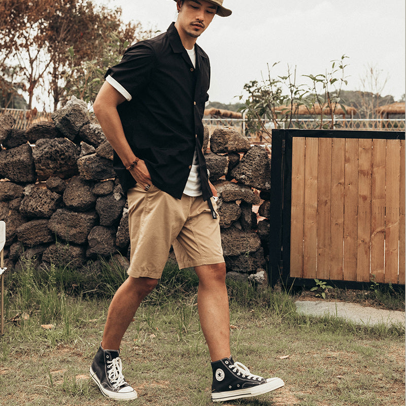 Solid Cuban collar print short sleeve shirt