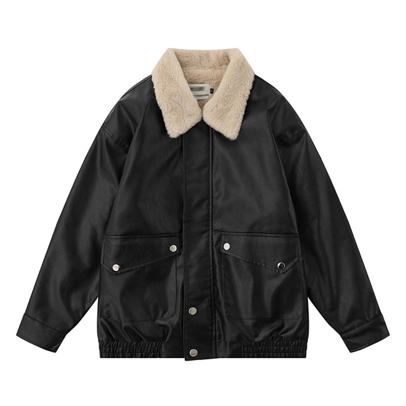 Loose-fitting plain coat with turn-down collar and velvet jacket