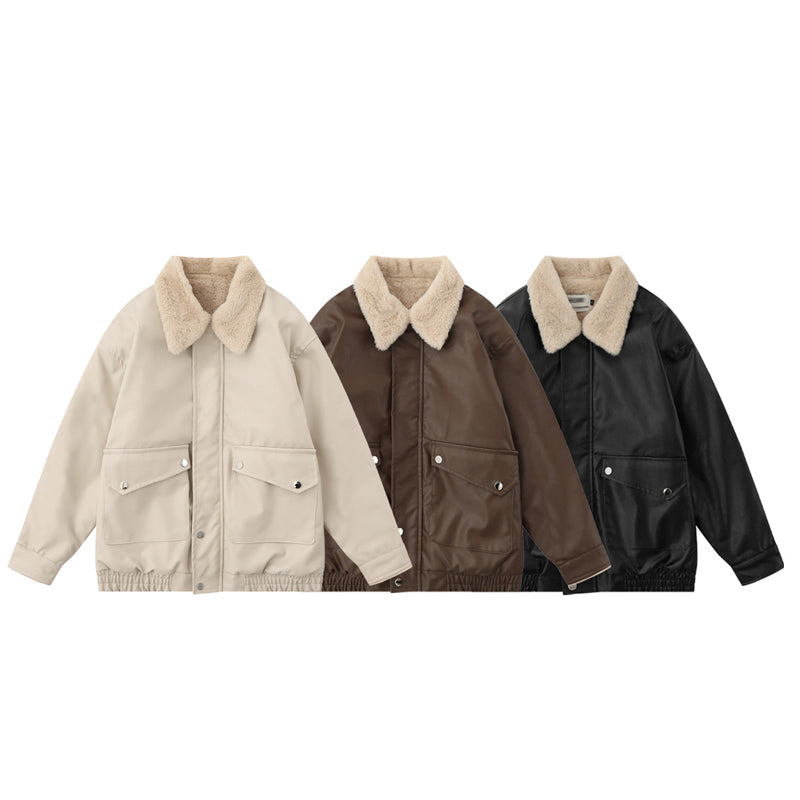 Loose-fitting plain coat with turn-down collar and velvet jacket