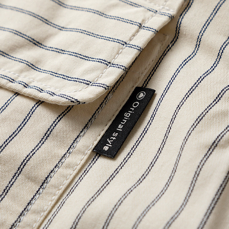 Striped turn-down collar three-dimensional pocket shirt