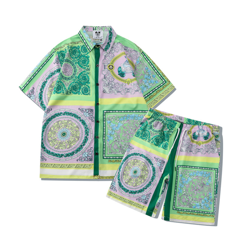 Beach-style short-sleeved shirt + shorts 2-piece set