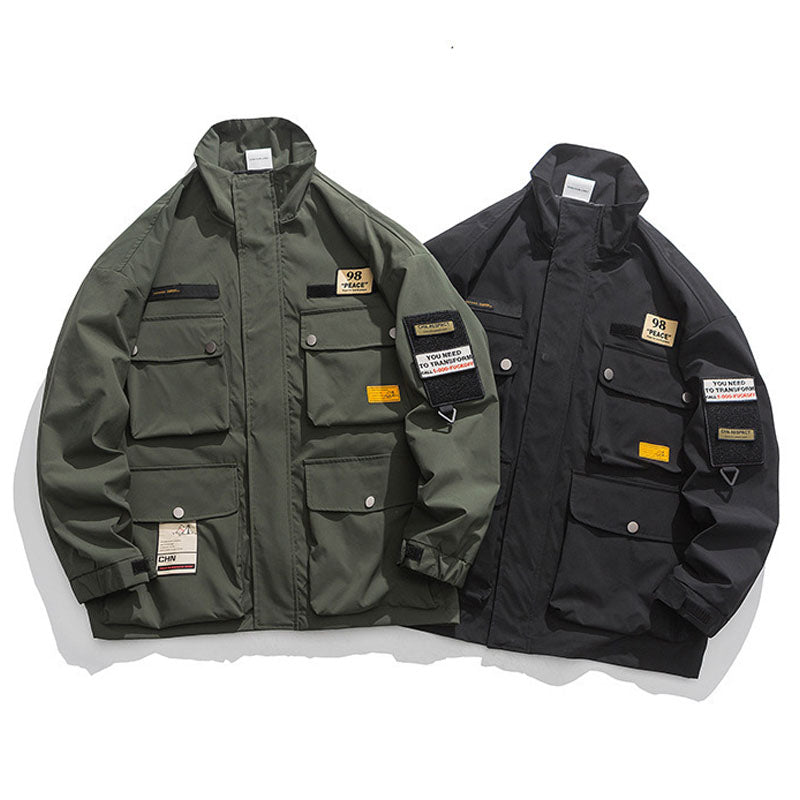 Stand collar multi-pocket outdoor cargo jacket