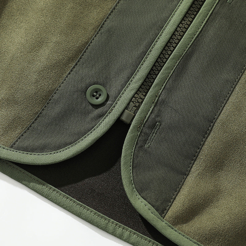 Color-block zipper pocket collarless jacket