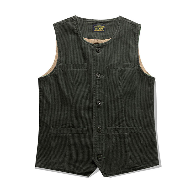 Solid color, multi-pocket, heavyweight corduroy cargo vest