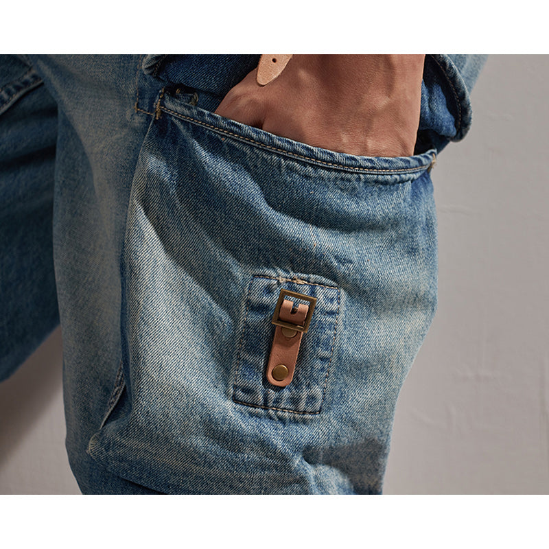 1970s washed denim shorts with leather buckle