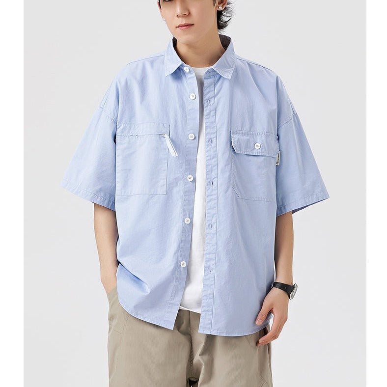 Classic plain zipper pocket work shirt