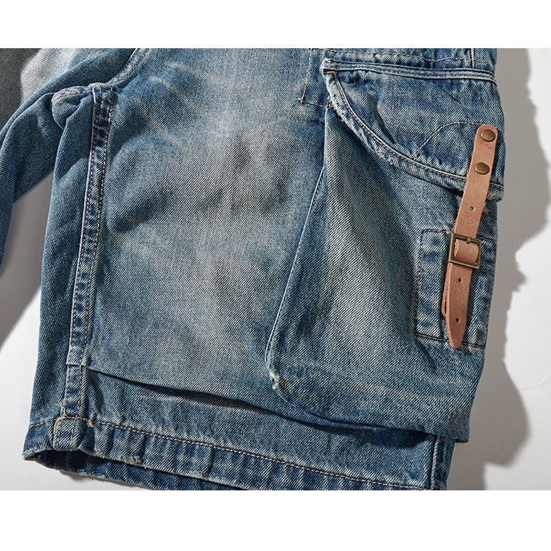 1970s washed denim shorts with leather buckle
