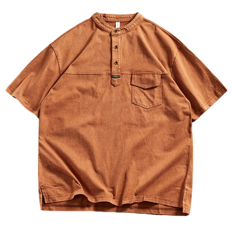 夏新作無地ハーフジップ ウォッシュ加工コットンTシャツ