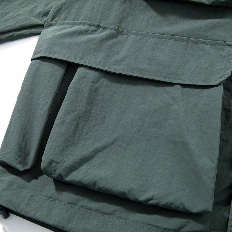 Solid color 3D multi-pocket hoodie cargo coat jacket