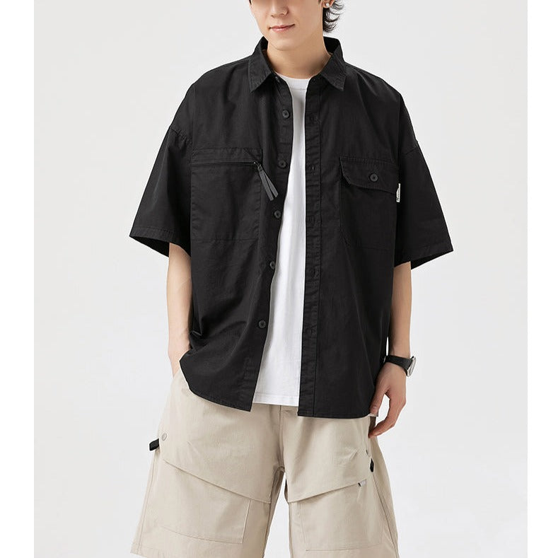 Classic plain zipper pocket work shirt