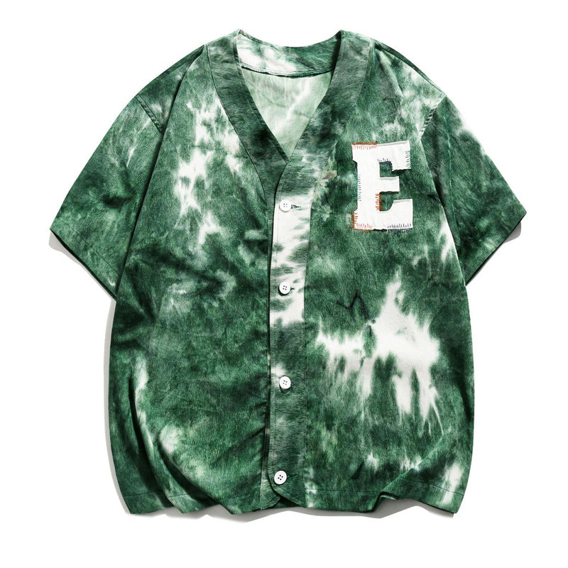 Hawaiian print tie-dye collarless short-sleeved shirt