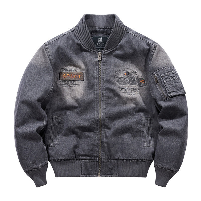 Distressed denim flight jacket with a maple leaf pattern on the back and motorcycle embroidery