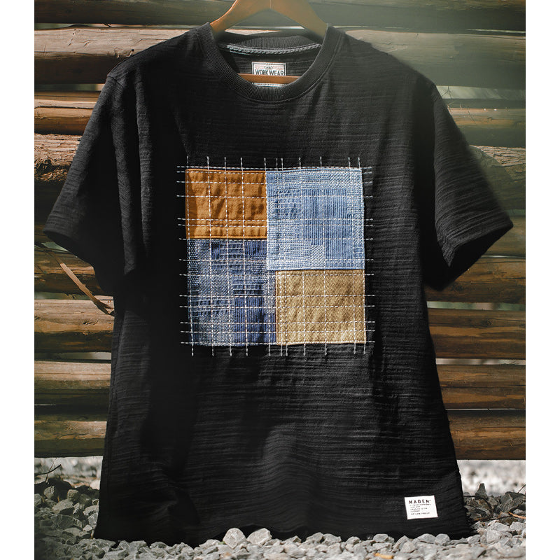 Irregular patchwork cotton tee with sashiko stitching