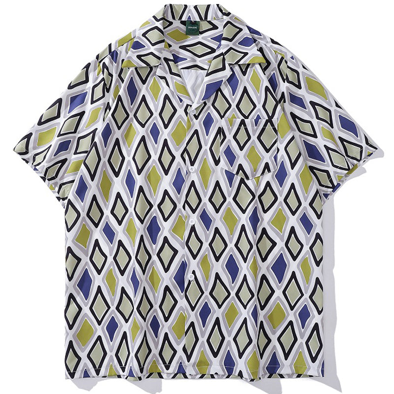 New summer check color combination print short sleeve shirt