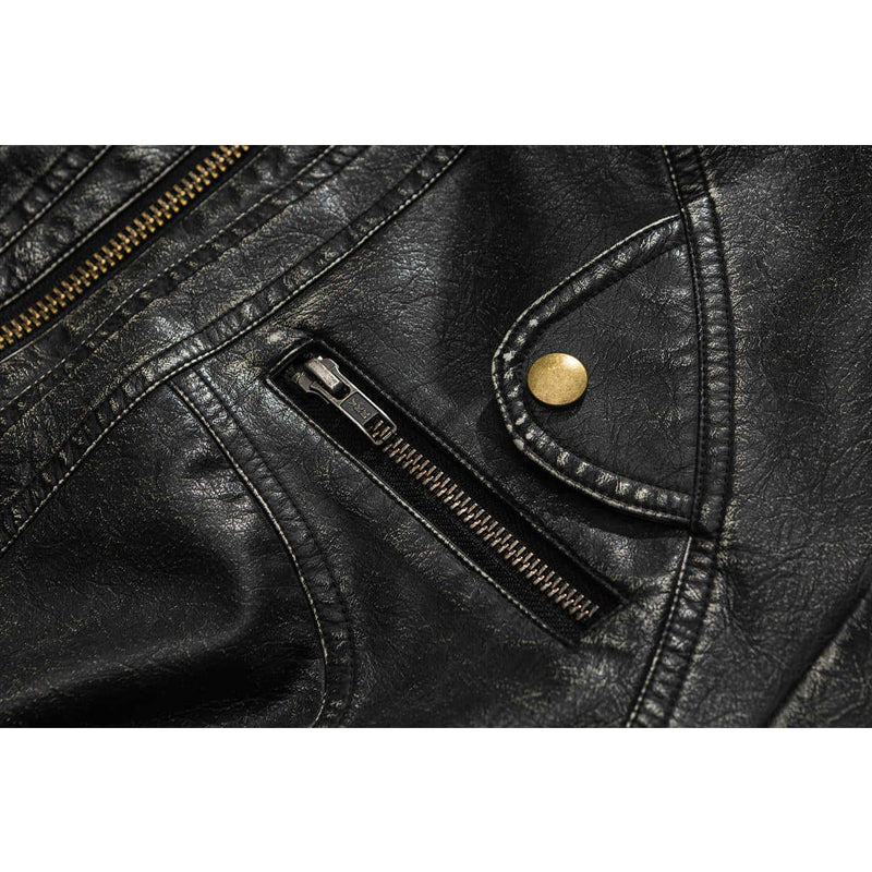 Retro stand-collar distressed motorcycle jacket