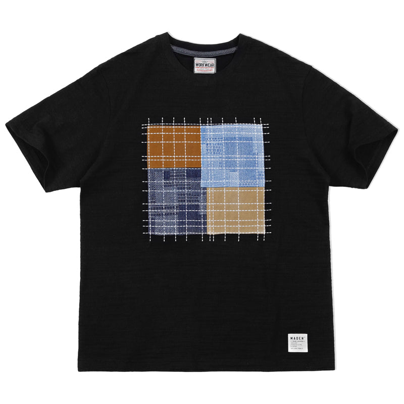 Irregular patchwork cotton tee with sashiko stitching