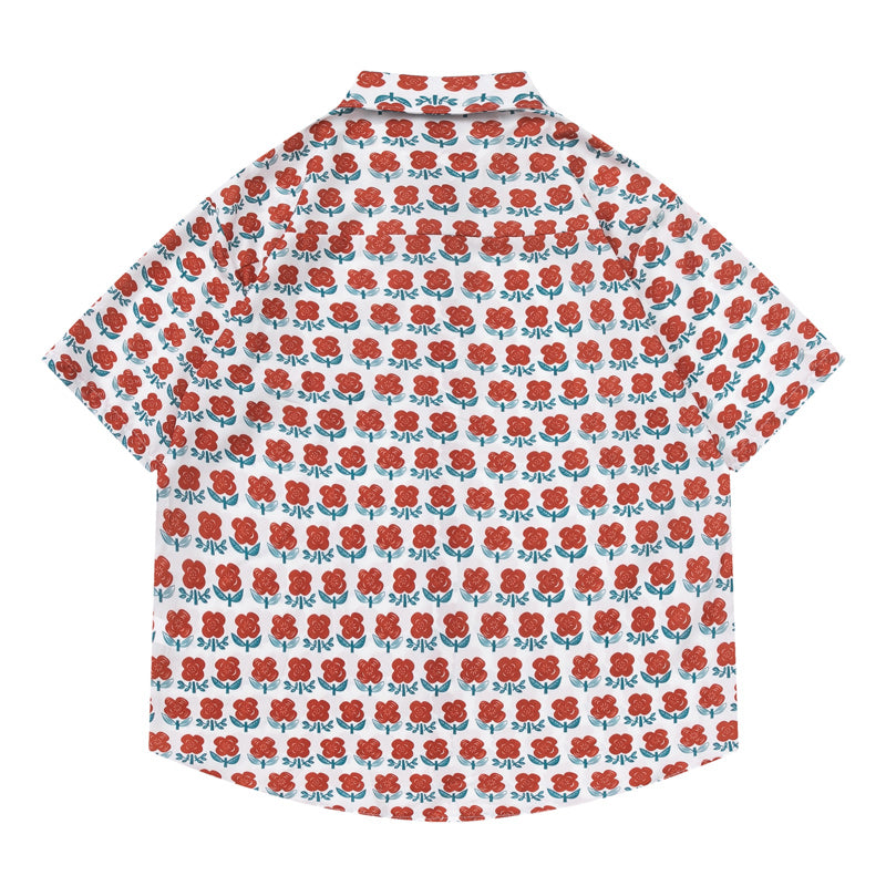 Full-bloom red flower print short-sleeved Hawaiian shirt