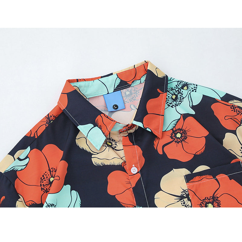 New summer color combination floral print short sleeve shirt