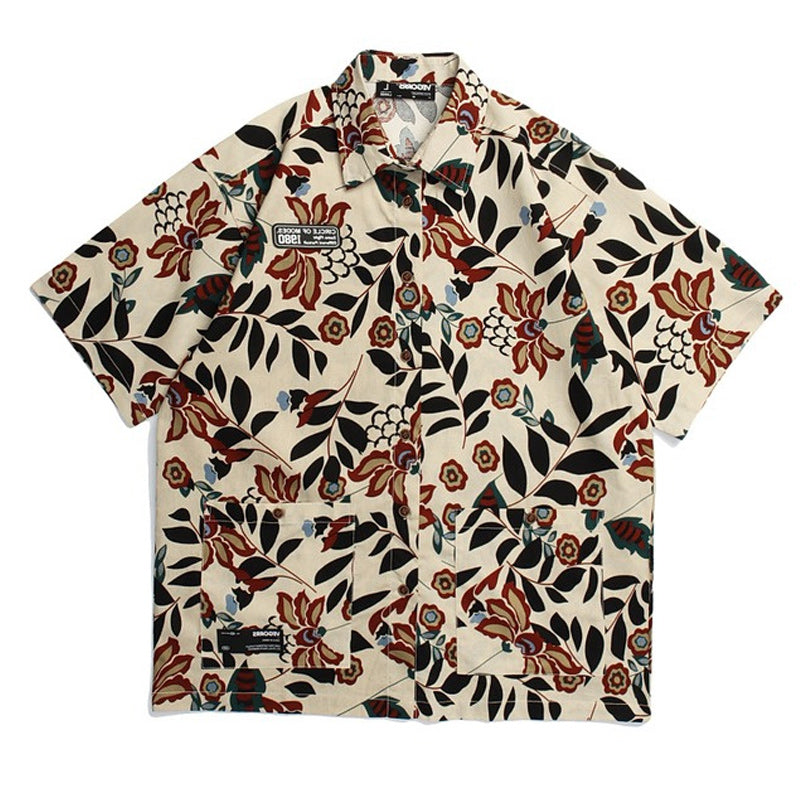 Retro leaf print aloha short-sleeved shirt